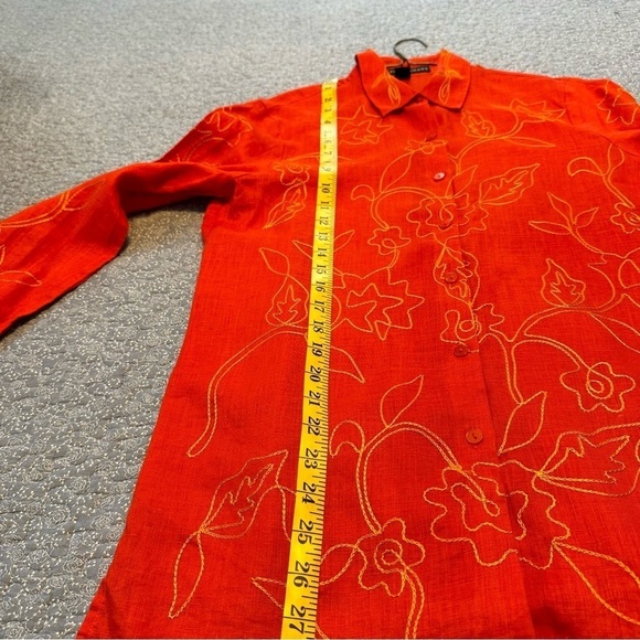 Josephine Chaus Blouse Linen Embroidered Vibrant Orange Shirt Button Up Size 8 - Picture 10 of 13